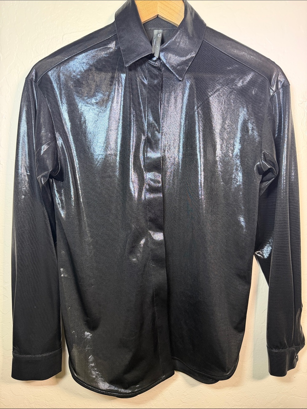 Anthropologie Shiny Metallic Black Long Sleeve Office Shirt Blouse Size S